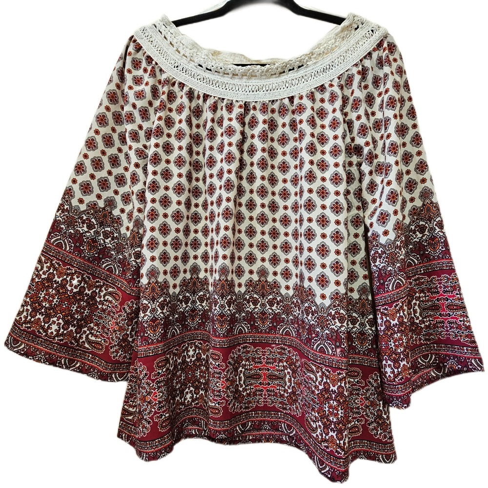 Blu Pepper Paisley Crochet Trim Off The Shoulder Bell Sleeve Peasant Top Small
